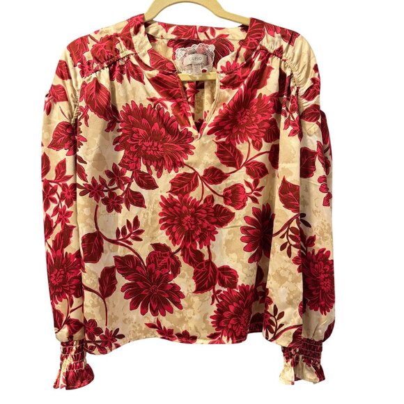 Cupid Red & Cream Floral Long Sleeve Blouse Sz M blouse. NWOT - Picture 4 of 12